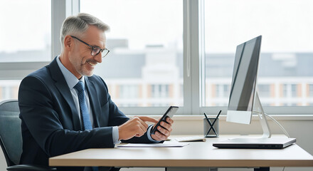 Businessman working in office using his smartphone