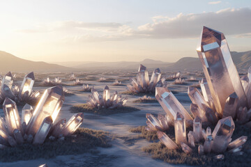Large crystal formations in soft light on alien desert landscape