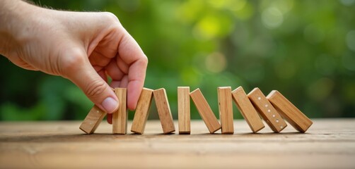 Hand stops domino effect. Person prevents chain reaction. Wooden blocks on table. Risk management concept. Business strategy. Finger holds domino piece. Preventing disaster. Crisis prevention.