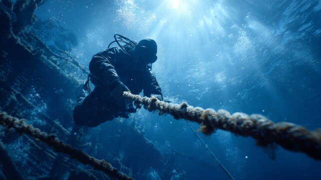 Diver Preparing to Explore Underwater Shipwreck with Rope in Mysterious Deep Blue Ocean Environment