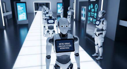 Robots Hiring Concept – Futuristic Recruitment Copy Space Poster, robot hiring, futuristic recruitment, AI hiring, recruitment poster, hiring concept, copy space design, robot workforce, digital hire
