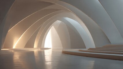 Fototapeta premium Abstract hall with sweeping curved structures, soft ambient light, and clean geometric layering in a refined minimal style.
