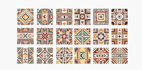 Collection of diverse geometric ethnic patterns with tribal motifs in earthy colors.