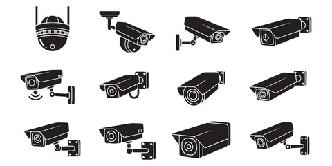 Collection of black glyph icons representing CCTV and video surveillance systems. Set of security camera pictograms for safety and monitoring concepts