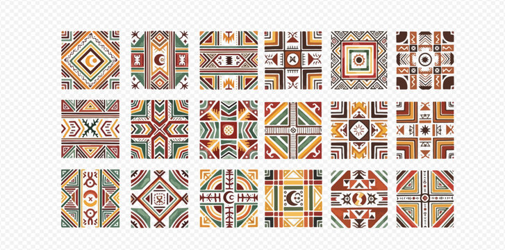 Collection of diverse geometric ethnic patterns with tribal motifs in earthy colors.