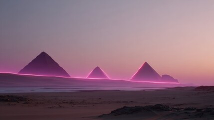 Illuminated pyramids line a desert landscape at twilight, bathed in a vibrant, glowing pink light.