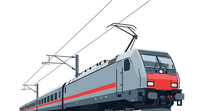 Modern electric trains on tracks with overhead power lines - Powered by Adobe