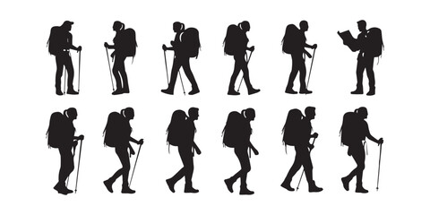 Silhouette of hiker. Collection of male and female hiker. mountaineer climber hiker people, vector silhouette collection. hiking man and woman with rucksack silhouette. Backpacker and climber people.