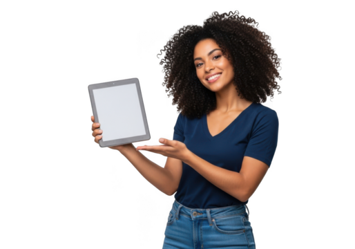 Smiling young woman with curly dark hair wearing a blue v neck shirt and jeans holding up a tablet isolated on transparent background