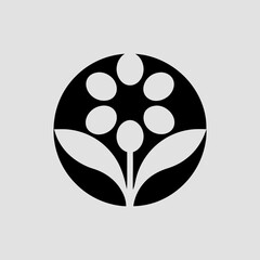 Floral emblem with six petals in a black circle isolated on