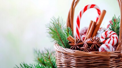 Festive wicker basket filled with colorful candy canes, cinnamon sticks, star anise, and pine branches, creating a warm holiday atmosphere with seasonal charm