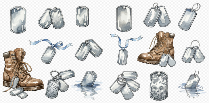 Watercolor collection of military dog tags and combat boots, featuring various arrangements and styles, some with ribbons or partially submerged in water.