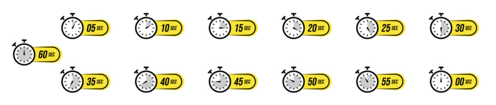 A set of stopwatch icons displaying different minute intervals, arranged in a horizontal sequence with yellow labels showing times from zero to sixty minutes for timing, scheduling or duration concept
