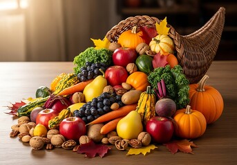 Abundant cornucopia overflowing with fresh autumn harvest fruits vegetables nuts and leaves