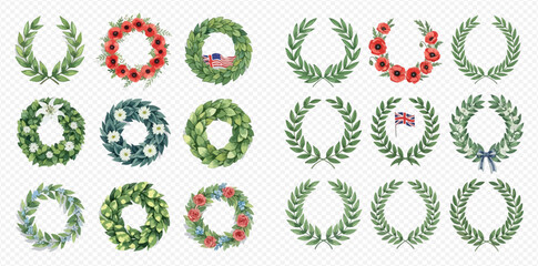Diverse collection of watercolor wreaths featuring green leaves, red poppies, daisies, and national flags.