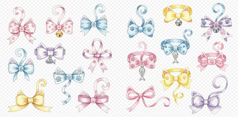 Watercolor illustration set of pastel bows and decorative pet collars with bells and charms.
