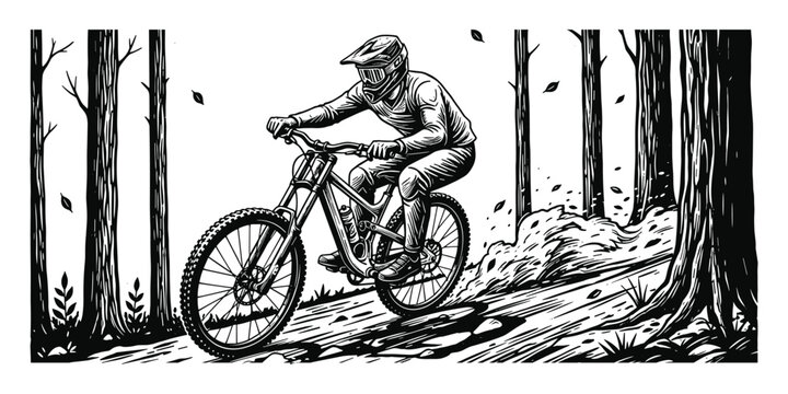Mountain Biker Isolated Black And White Vector Illustration, Extreme MTB Downhill Illustration with Mountain Landscape, Vintage Linocut Artwork
