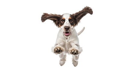 Energetic springer spaniel mid air leap with floppy ears