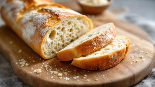 A freshly baked crusty baguette loaf, partially sliced on a rustic wooden cutting board with crumbs.
