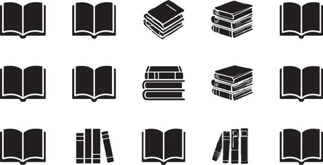 Stacked and Open Books in Black Silhouette on a White Background Keywords: book, books, open book, stack of books, reading, literature, education, knowledge, learning, library, study, information