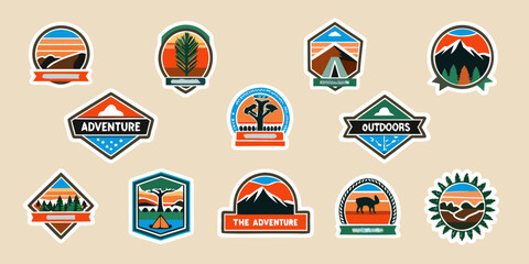 Collection of retro style outdoor adventure and travel badges and stickers with nature scenes