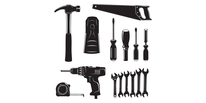 Collection of black and white carpentry tools isolated on white background in a vector format., Black silhouette of various hand tools arranged on a white background for construction work