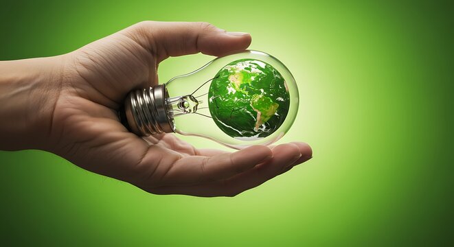 Hand holding a light bulb with the earth inside, symbolizing environmental protection and green energy solutions