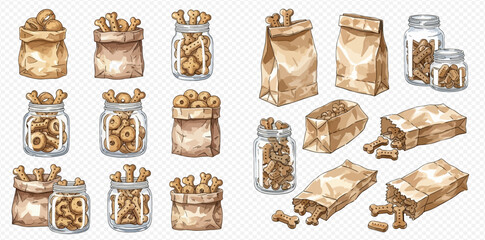 Watercolor illustration of various dog treats in paper bags and glass jars, including bone-shaped and ring-shaped biscuits, some spilling out.