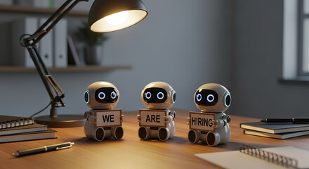 Robots Hiring Concept – Futuristic Recruitment Copy Space Poster, robot hiring, futuristic recruitment, AI hiring, recruitment poster, hiring concept, copy space design, robot workforce, digital hire
