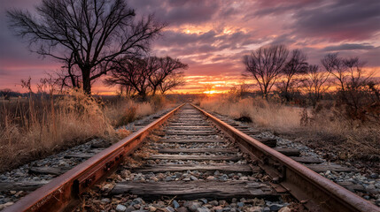Abandoned railway at twilight with weathered wooden track and sunset sky