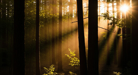 sunbeam shining through forest trees, dust particles glowing