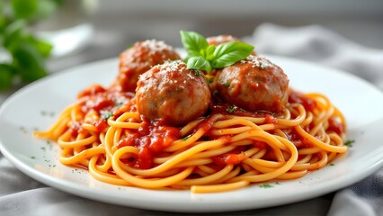 A classic dish of spaghetti and meatballs in a rich tomato sauce, garnished with parmesan cheese and fresh basil.