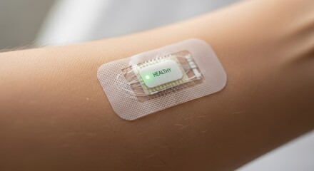 Wearable health sensor patch on arm, providing real-time health data monitoring