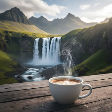 Cozy Morning Coffee With Latte Art Over Spectacular Waterfall Landscape