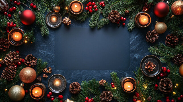 Christmas table scene top view festive decorations cozy home natural environment seasonal concept