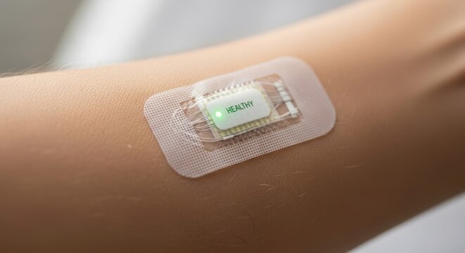 Wearable health sensor patch on arm, providing real-time health data monitoring