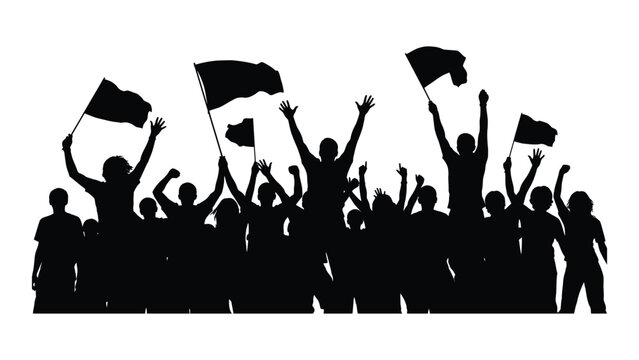 Protesting crowd silhouette with flags isolated on white background, Vector