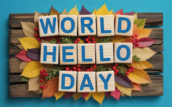 Wooden blocks with autumn leaves create vibrant World Hello Day design.
