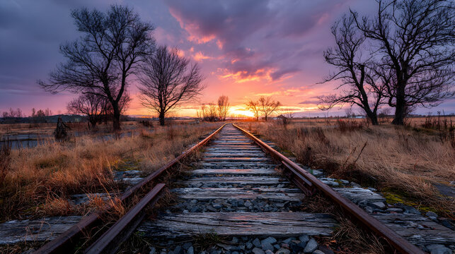 Abandoned railway track at twilight with weathered wood and dramatic sunset - Powered by Adobe