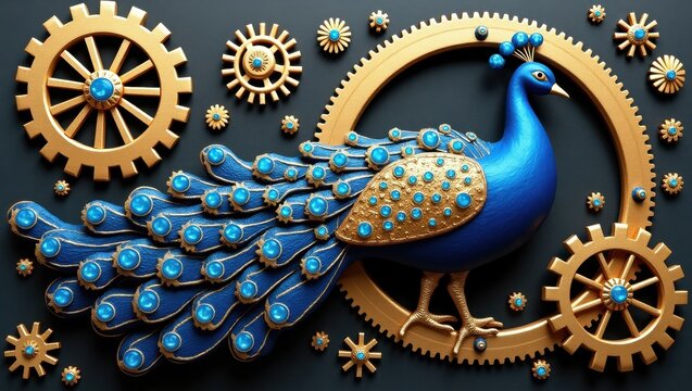 Steampunk peacock with intricate gears and clockwork elements