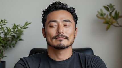 Man enjoys peaceful moment with eyes closed in a simple indoor setting