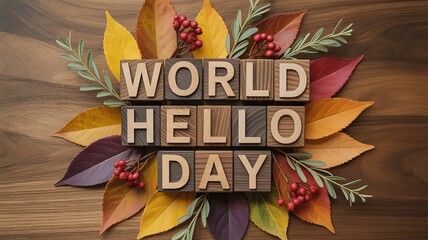 Rustic fall foliage enhances warm greeting message for World Hello Day.