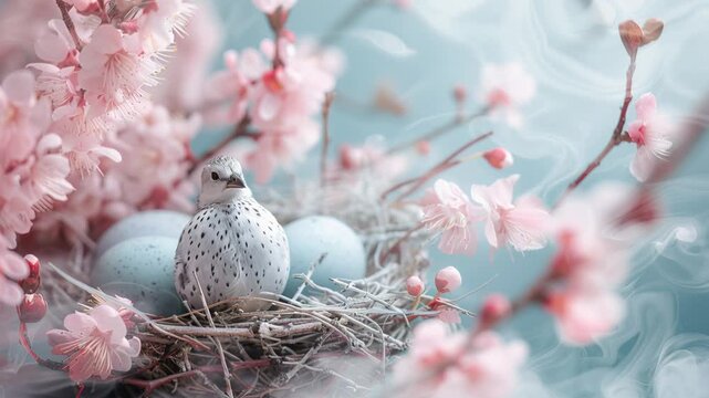 Easter basket with colored eggs with pink tree flowers over light background