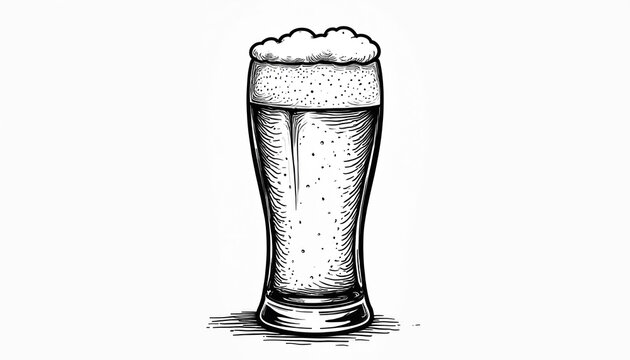 Line drawing of a beer glass full of frothy beer. Simple sketch of ale beverage in a pint glass. Hand-drawn illustration for a pub or brewery menu.