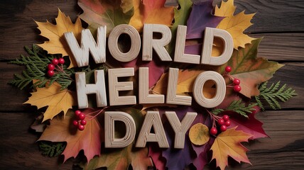 Wooden letters and autumn leaves celebrate World Hello Day beautifully together.