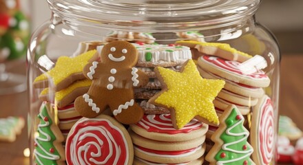 A jar filled with assorted christmas cookies, including gingerbread man and star shapes