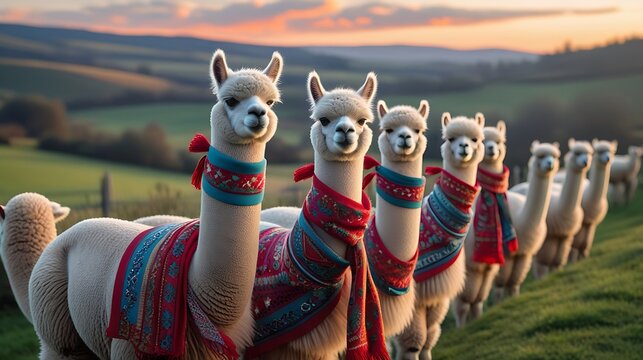 Alpacas colorful blankets grazing rolling hillside images - Powered by Adobe