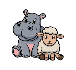 Obraz premium A friendly cartoon illustration depicts a large hippopotamus sitting next to a small, fluffy sheep against a plain white background.