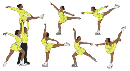 Graceful ice dancers in yellow performing stunning moves, perfect for sports or artistic projects, evokes elegance and skill, ideal for athletic brands