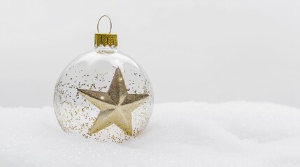 Transparent Christmas ornament with a golden star inside, resting on a bed of soft white snow, creating a festive and serene winter atmosphere for holiday celebrations